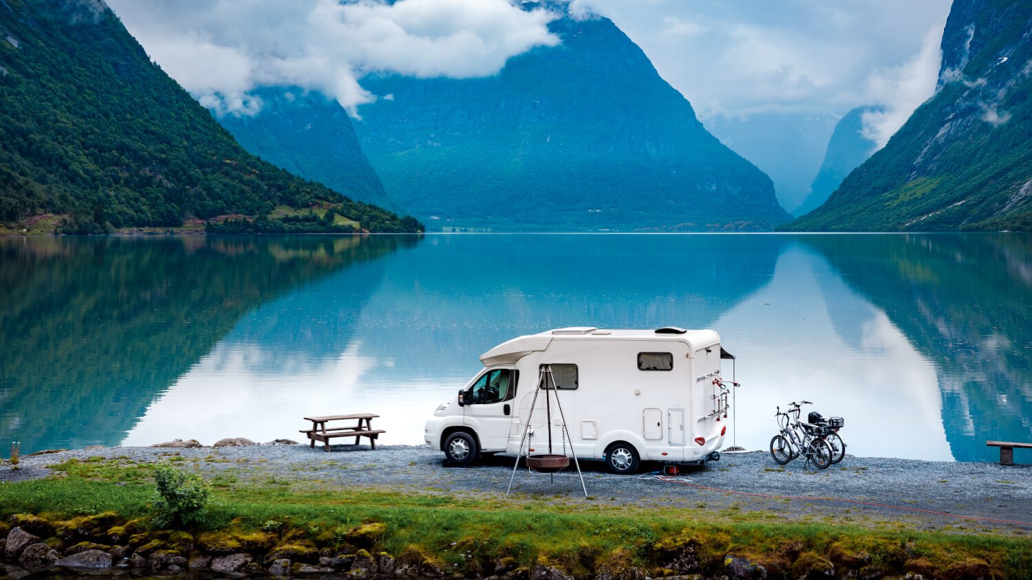 "Motorhome parked at a scenic campsite, highlighting reliable motorhome insurance coverage in Dayton, Ohio."